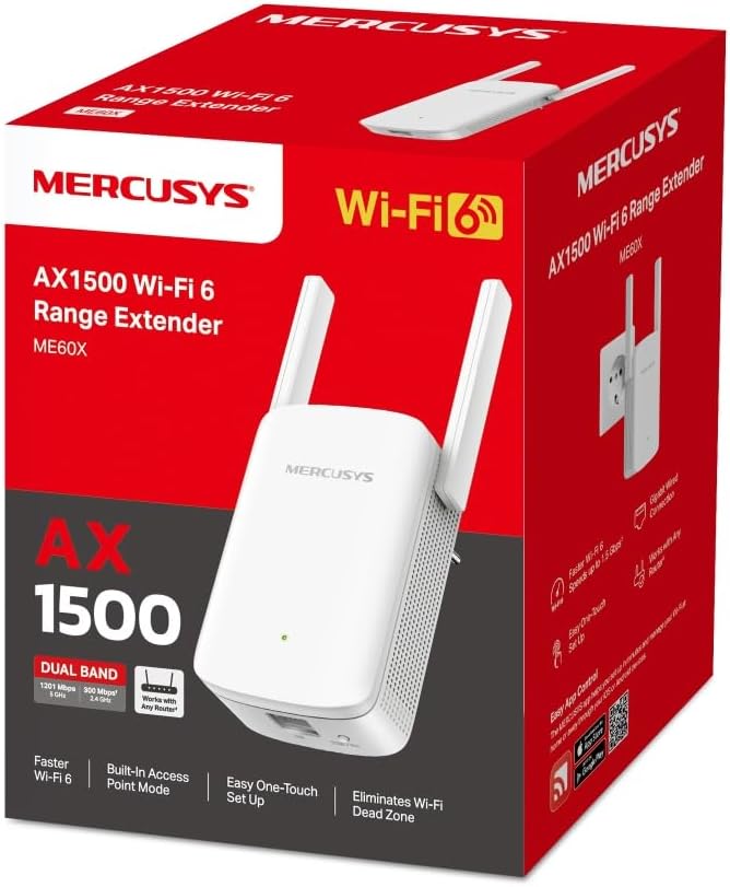 Mercusys AX1500 Wi-Fi 6 Range Extender – Dual Band, Gigabit Ethernet, 2 High-Gain Antennas, Access Point Mode, EasyMesh & App Control - New Condition