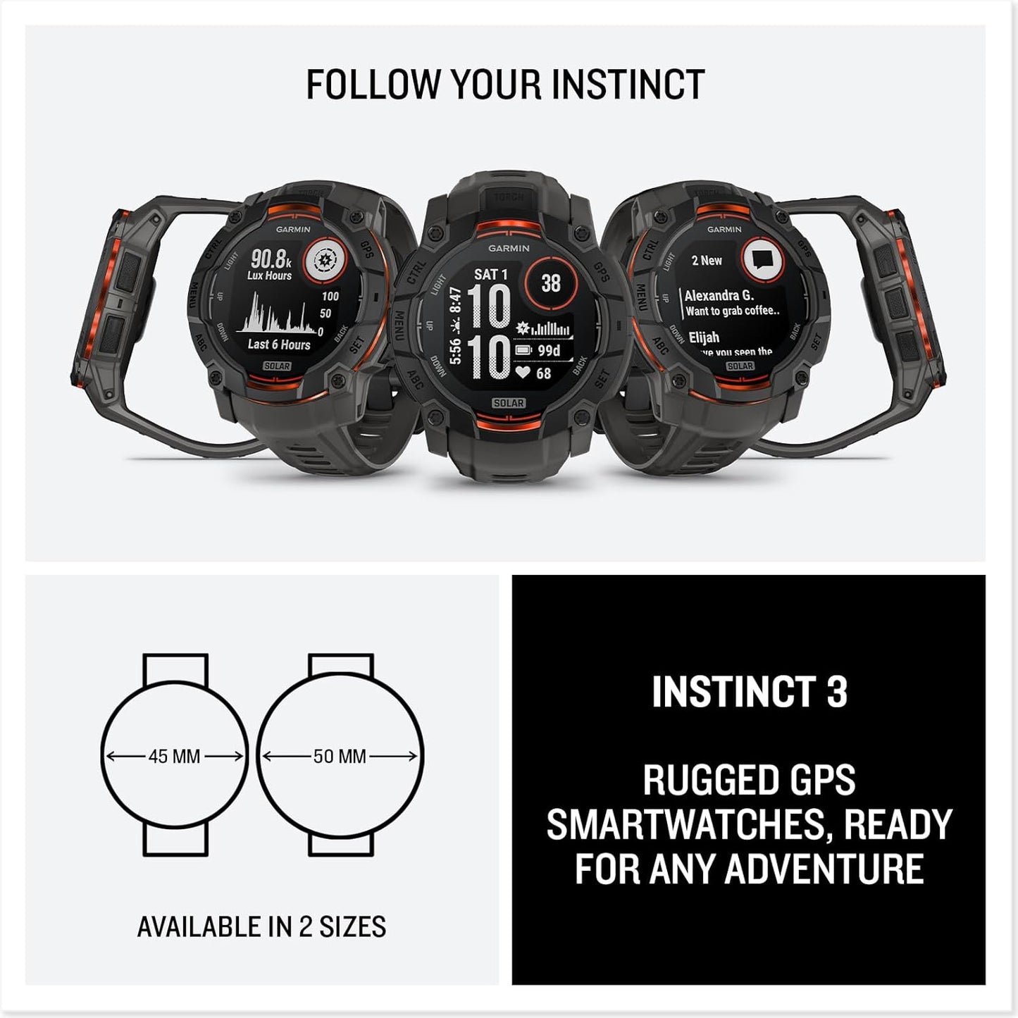 Garmin Instinct® 3 50mm, Solar Charged Display, Rugged Outdoor GPS Smartwatch - New Condition