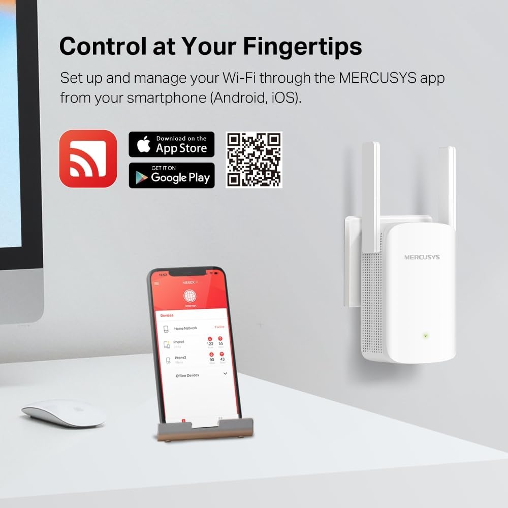 Mercusys AX1500 Wi-Fi 6 Range Extender – Dual Band, Gigabit Ethernet, 2 High-Gain Antennas, Access Point Mode, EasyMesh & App Control - New Condition