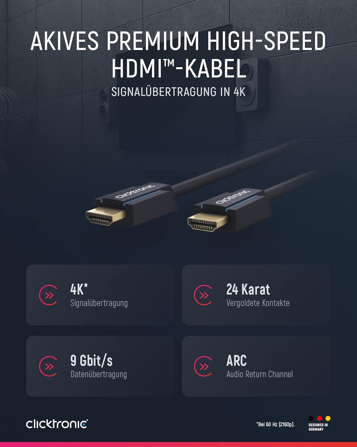 Clicktronic Active HDMI to HDMI 2.0 Cable with Ethernet, 25 Meter Length - New Condition