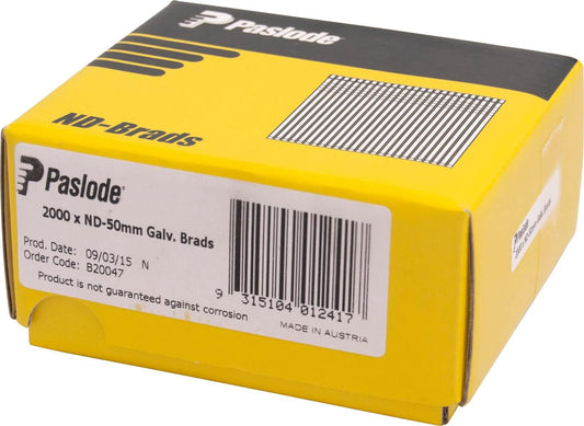 Paslode 50mm ND Series 14 Gauge Galvanised Brads 2000 Pieces Pack - New Condition