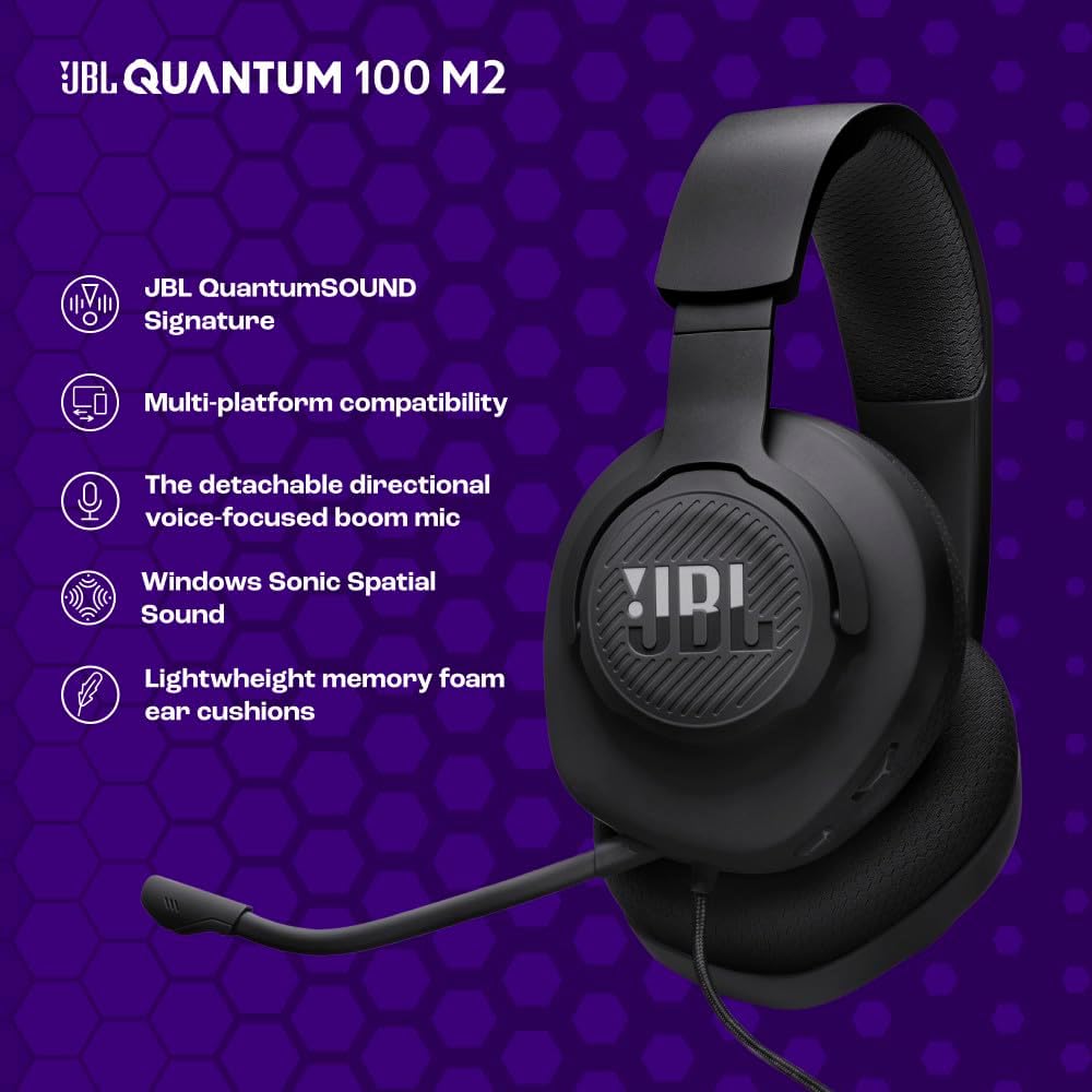 JBL Quantum 100M2 Wired Gaming Headset – Over-Ear, Detachable Mic with Mute, Memory Foam Cushions, 3.5mm Multi-Platform Compatible - New Condition