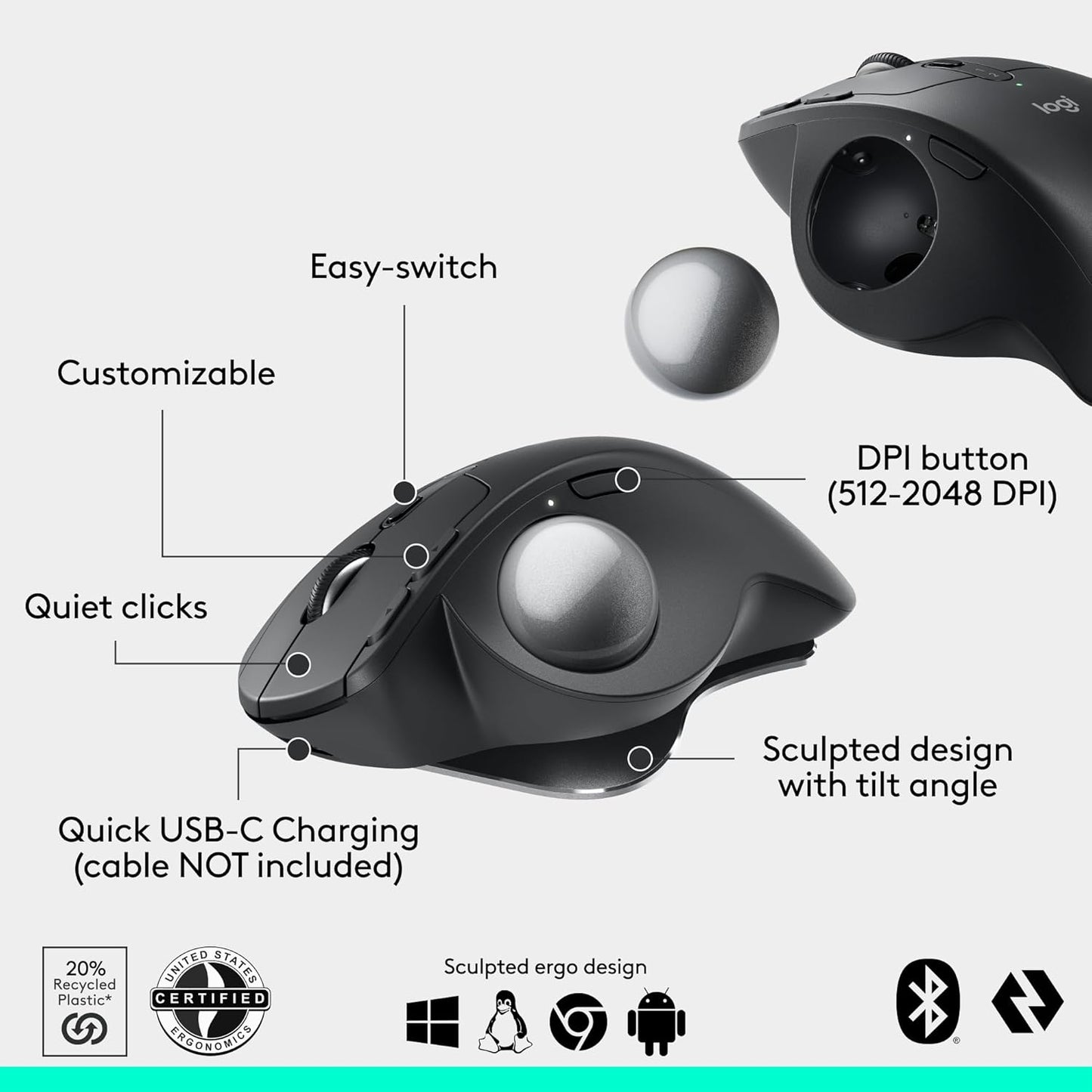 Logitech MX Ergo S Advanced Wireless Trackball Mouse – Graphite - New Condition