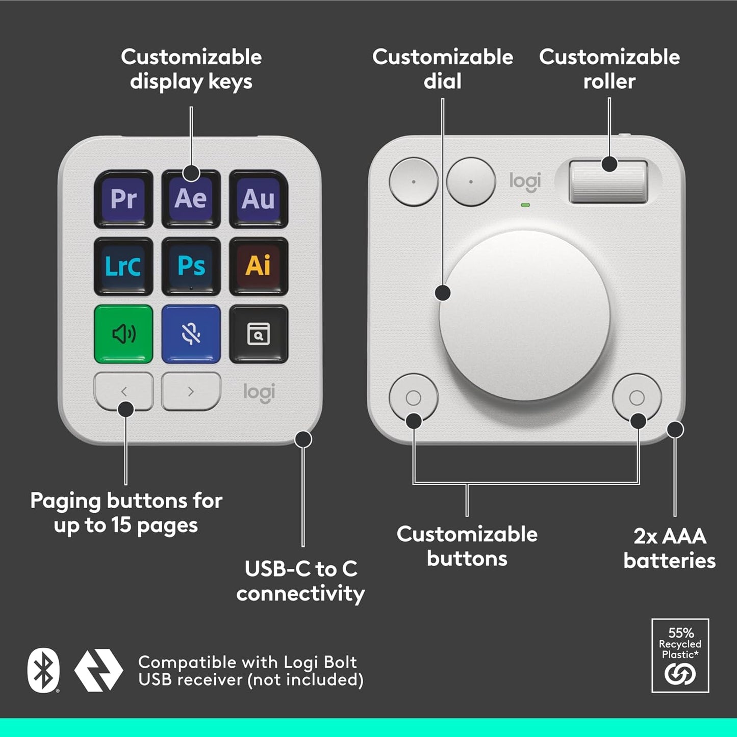 Logitech MX Creative Console Programmable Keypad – Pale Grey - New Condition