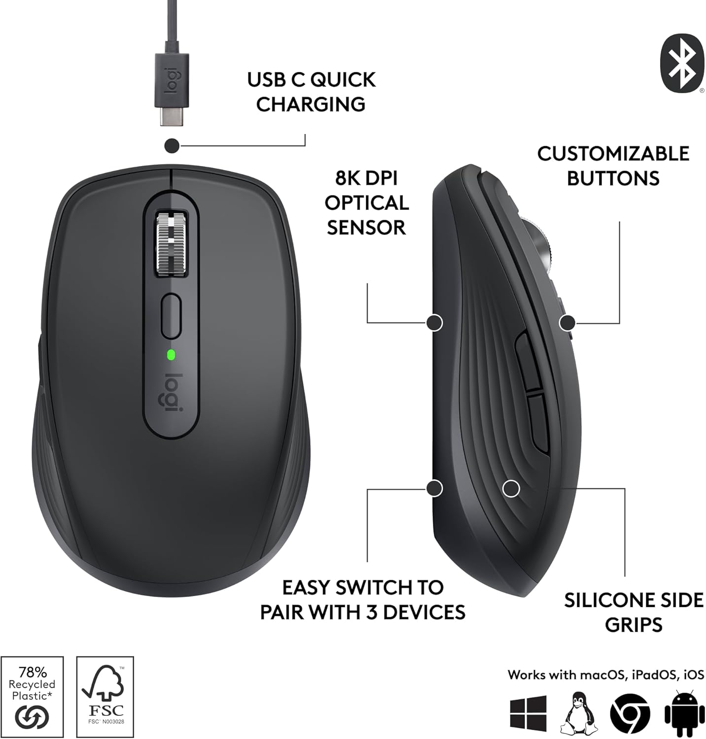 Logitech MX Anywhere 3S Compact Wireless Mouse – Graphite - New Condition