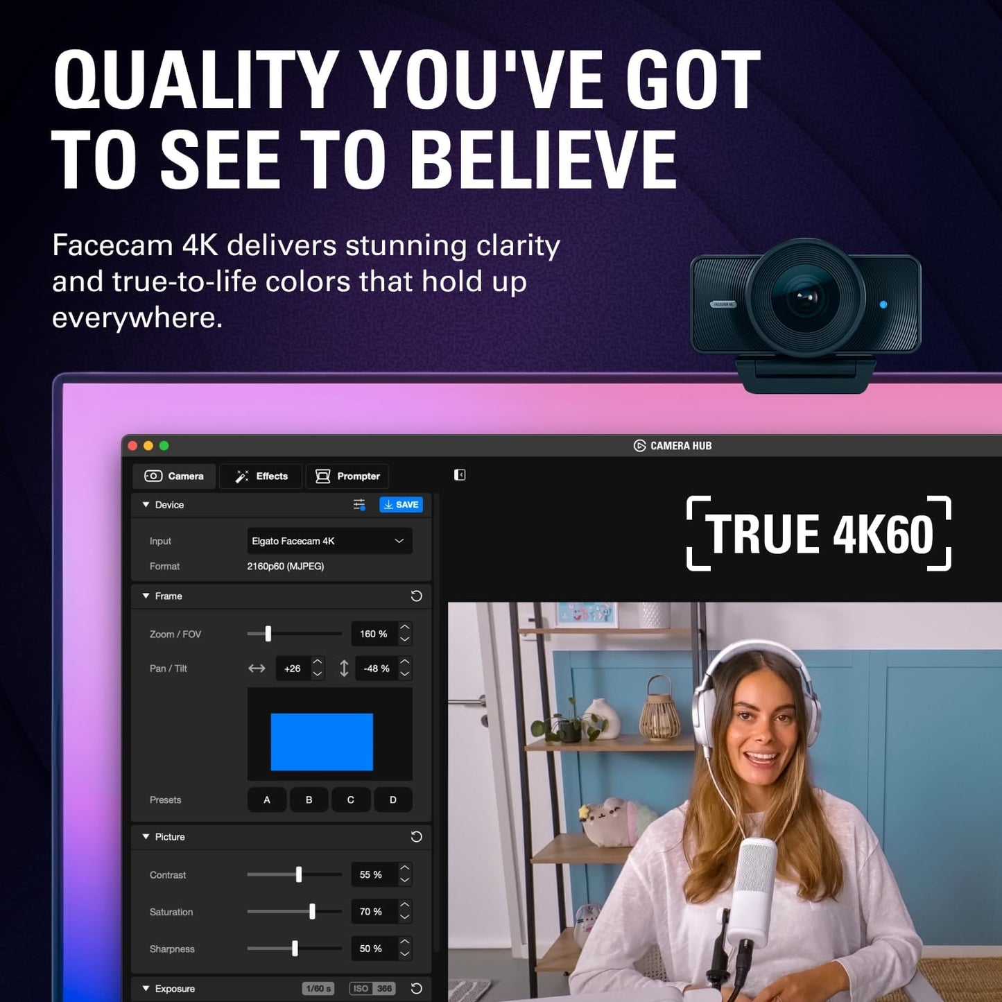 Elgato Facecam 4K - 4K60 Studio Webcam, DSLR-Like Control - New Condition