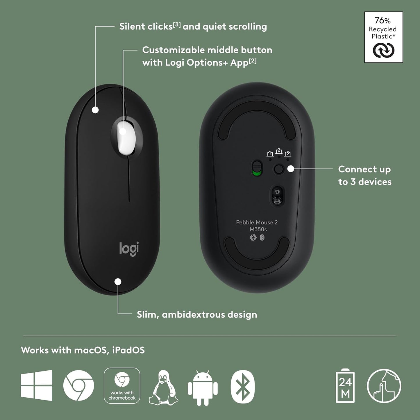 Logitech Pebble Mouse 2 M350s Bluetooth Mouse – Tonal Graphite - New Condition