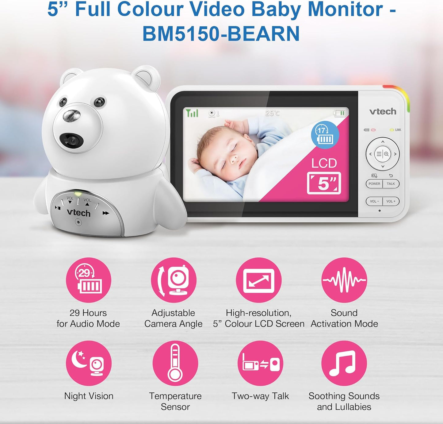 VTech BM5150-BEARN 5" Baby Monitor with 2 Cameras & 2-Way Talk - Good Condition