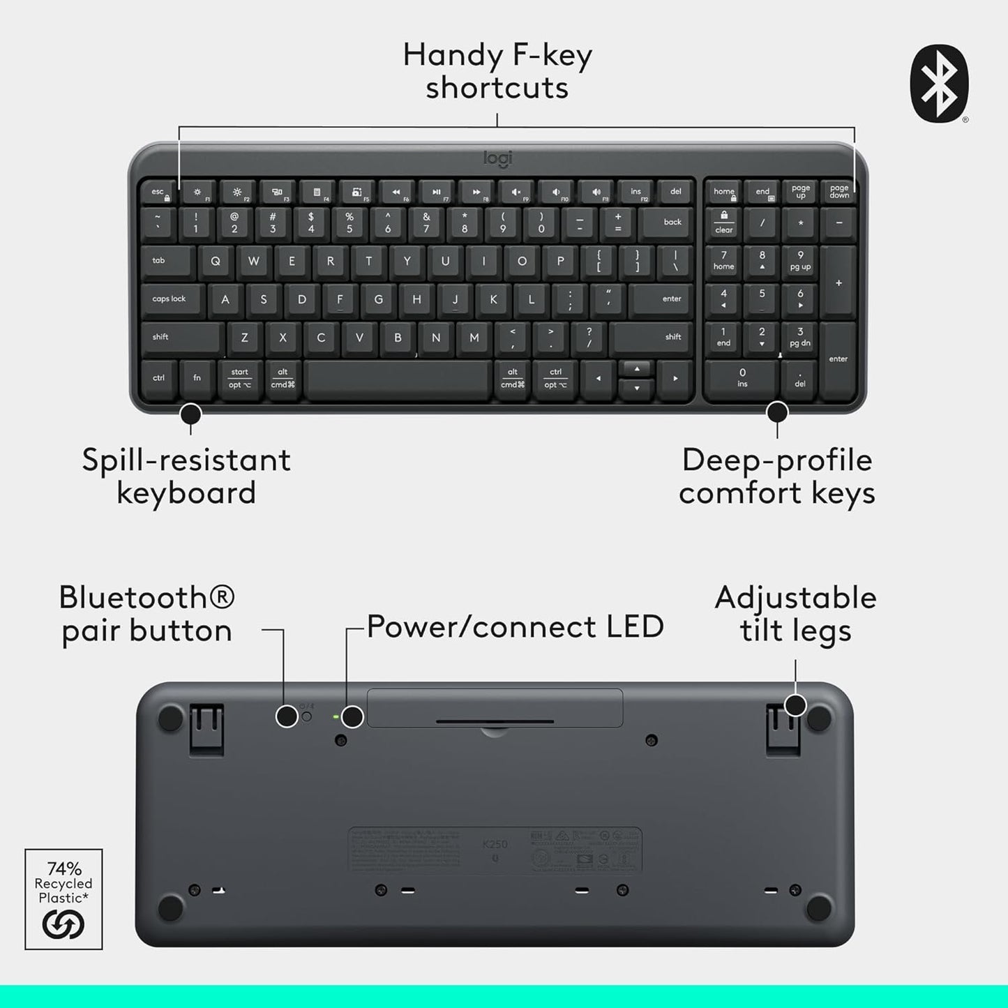 Logitech K250 Bluetooth Wireless Keyboard – Graphite - New Condition