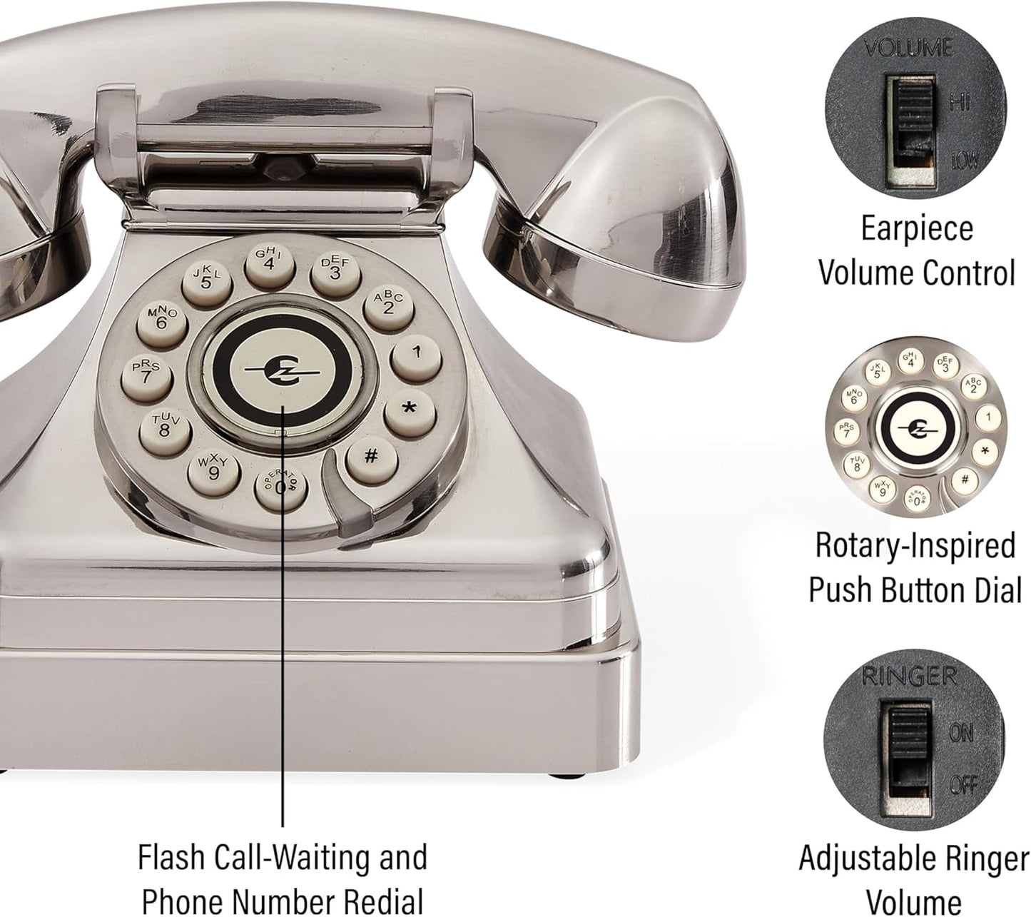 Crosley CR62-BC Kettle Classic Desk Phone with Push Button Technology, Brushed Chrome - New Condition