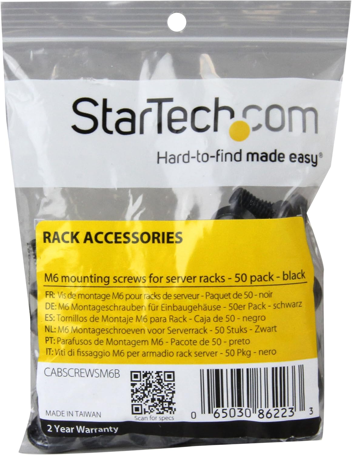 StarTech 50-pack M6 12mm Screws, Mounting Screws for 19" or 10" Server Racks, Black - New Condition