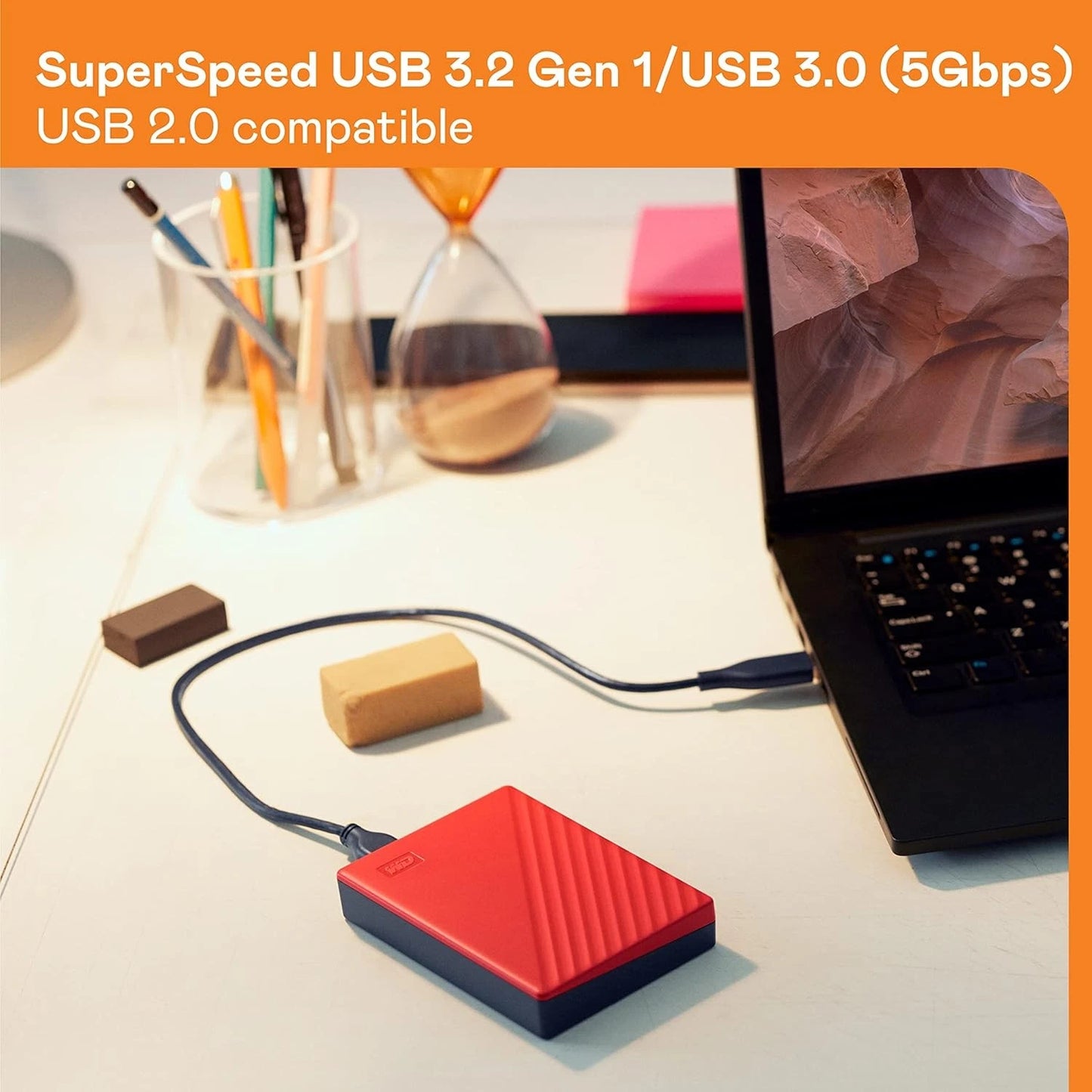 WD My Passport 2TB Portable External Hard Drive, USB 3.0 Red - Good Condition